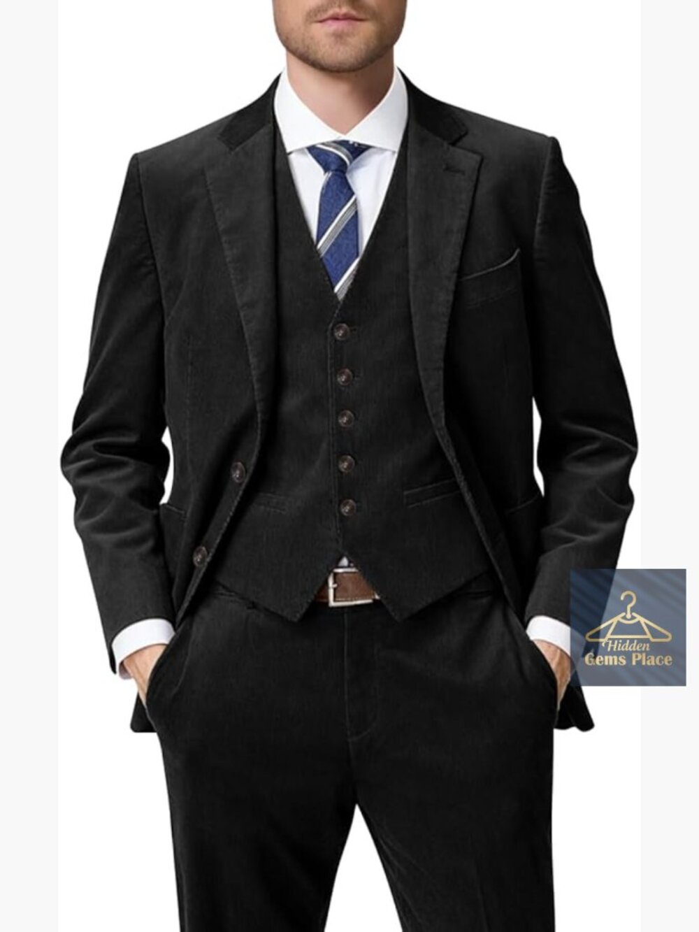 Corduroy Slim Fit 3 Piece Suit Jacket Vest Pants Groom Tuxedo